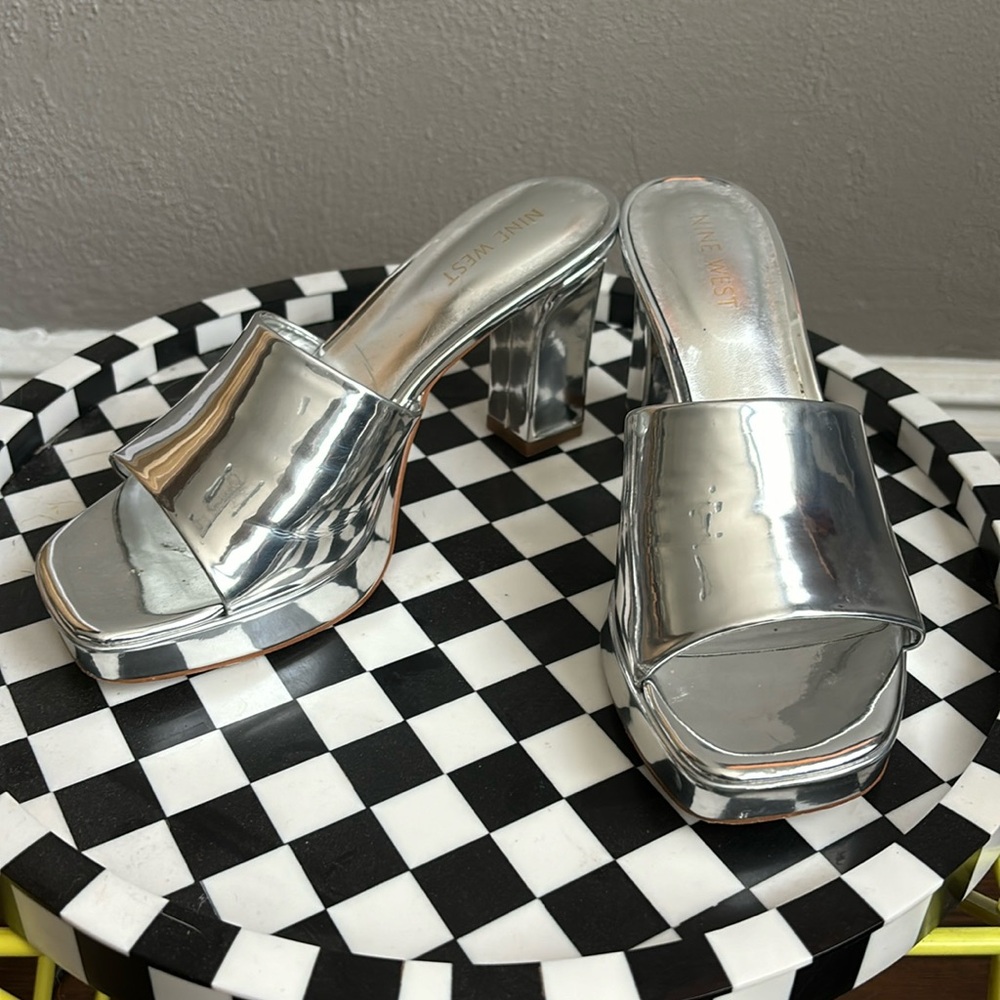 Nine West Silver Metallic Platform Slide Sandals